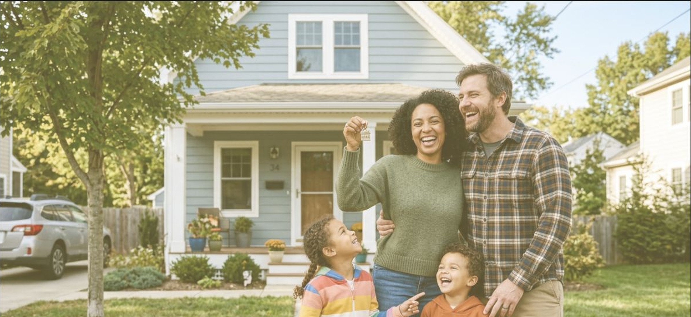 A family celebrating outside their new home